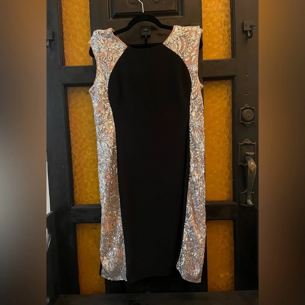 R&M Richards Black Cocktail Midi Dress with Tan & Silver Details - Picture 5 of 7